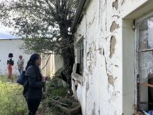 Tree that has grown into the back of the dwelling